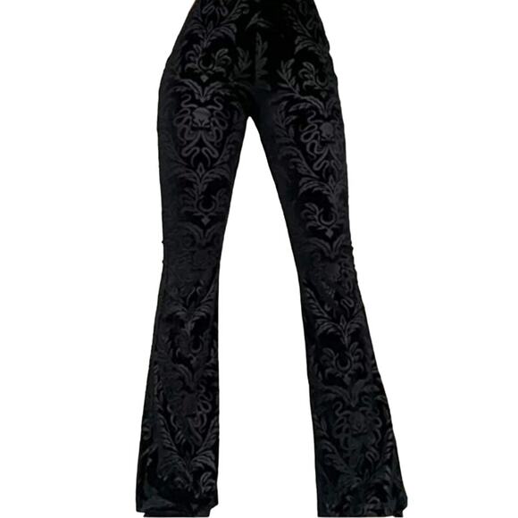 NWT Large Black Velour Damask Brocade Goth Cthulhu Flares - Picture 5 of 10